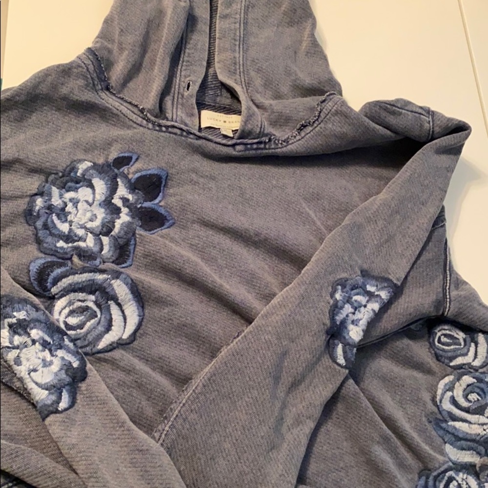 Lucky Brand Blue Embroidered Distressed Hoodie